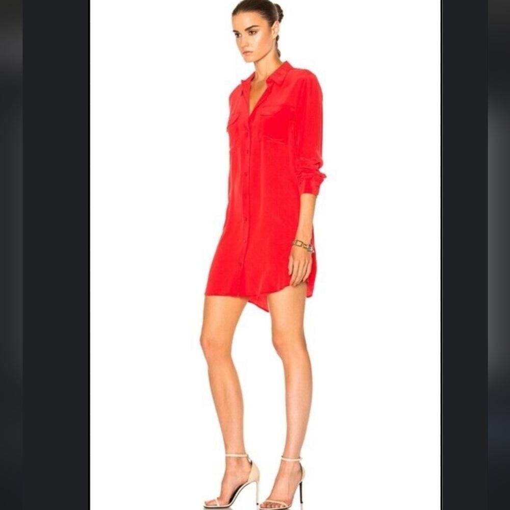 Express Portofino Red Shirt Dress With Fold Up Sleeves Mini Sz. M